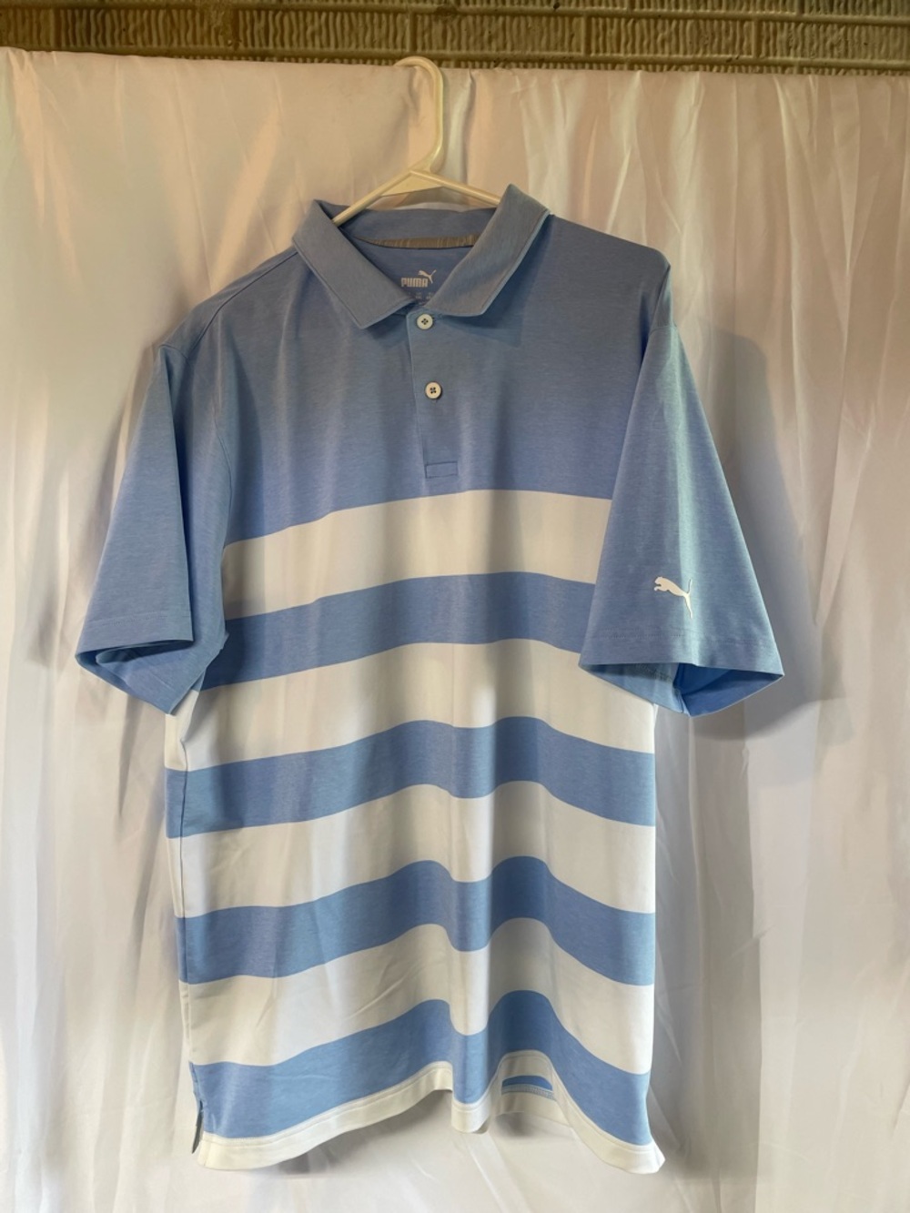 Puma Men’s Light Blue and White Horizontal Stripe Polo